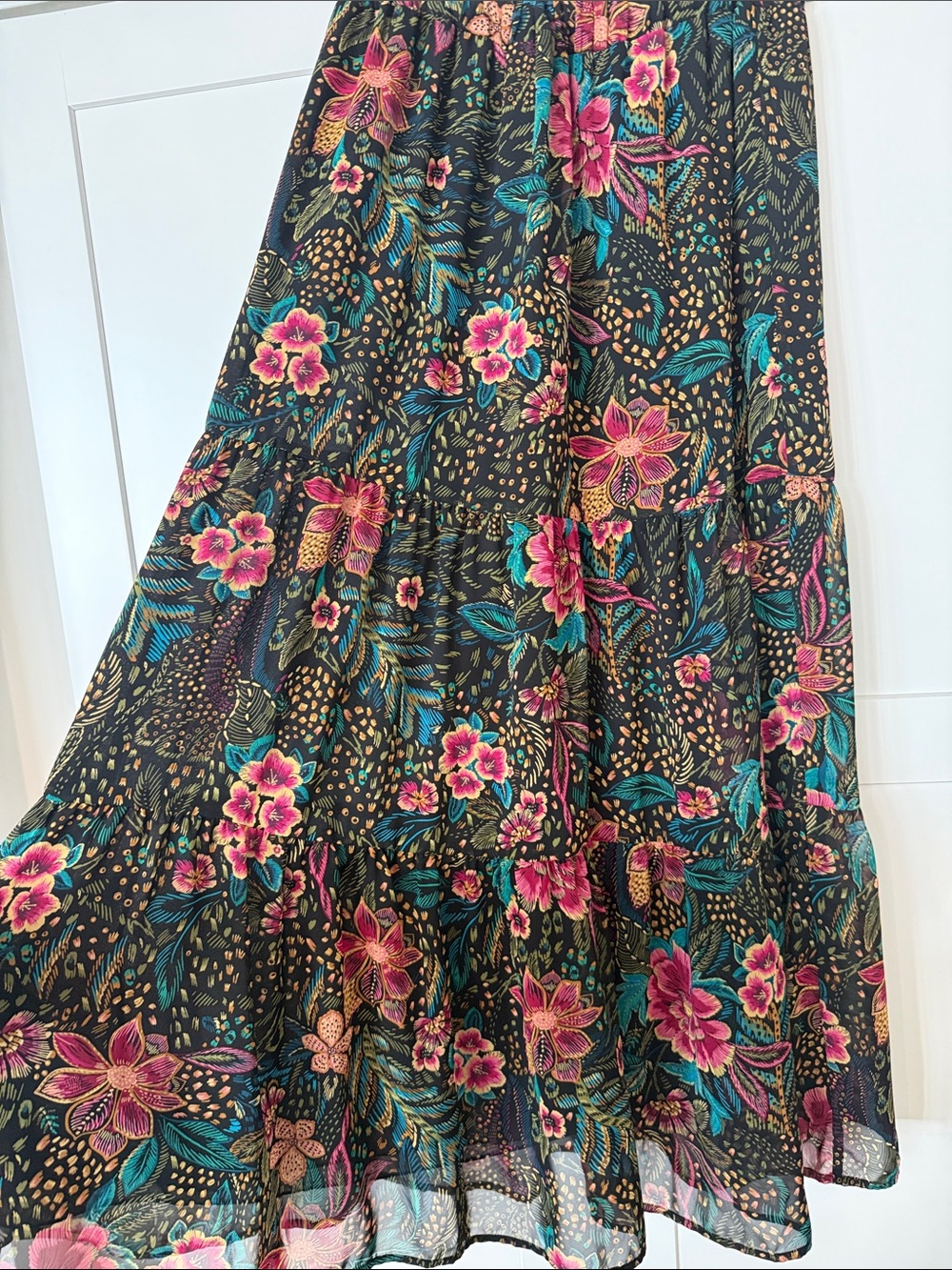 Evereve Black Maxi Skirt with Pink & Teal Floral Print - Picture 2 of 6